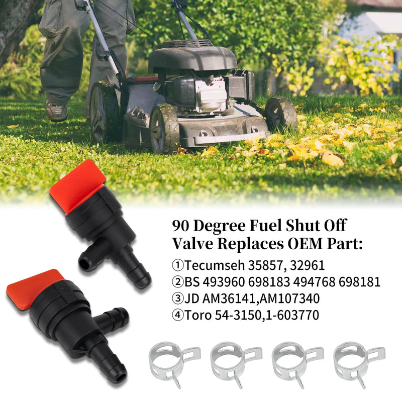 Fuel Shut off Valve, 1/4" Fuel Cut Off Valve for Riding Lawn Mower, Replace B&S 698181 494539 697944 Te cumseh 35857, 90 Degree Gas Shut Off Valve for Small Engines, 2 Pack 2 Angle