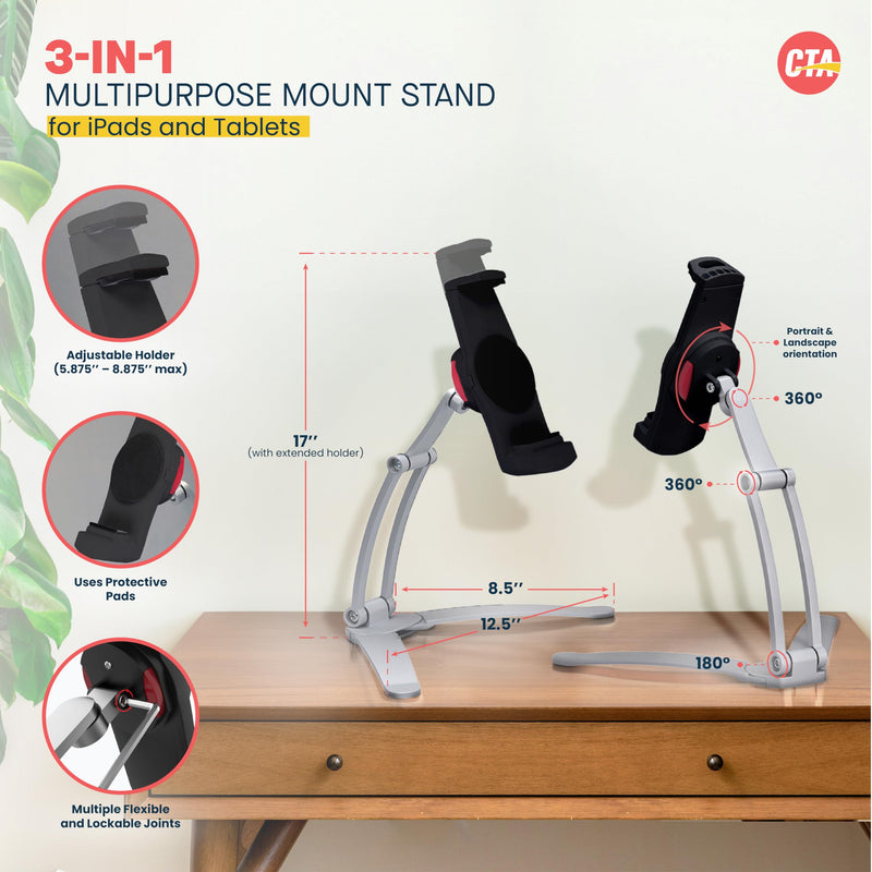 3-in-1 Mount Stand – CTA Multi-Flex Tablet Base and Support Installs on Walls or Folds for iPad 10th Gen 10.9" - 7/8/9 Gen 10.2” - Air 4 - Pro 11” - Galaxy Tab S3 - Silver (PAD-KMSB) Non-Security Black