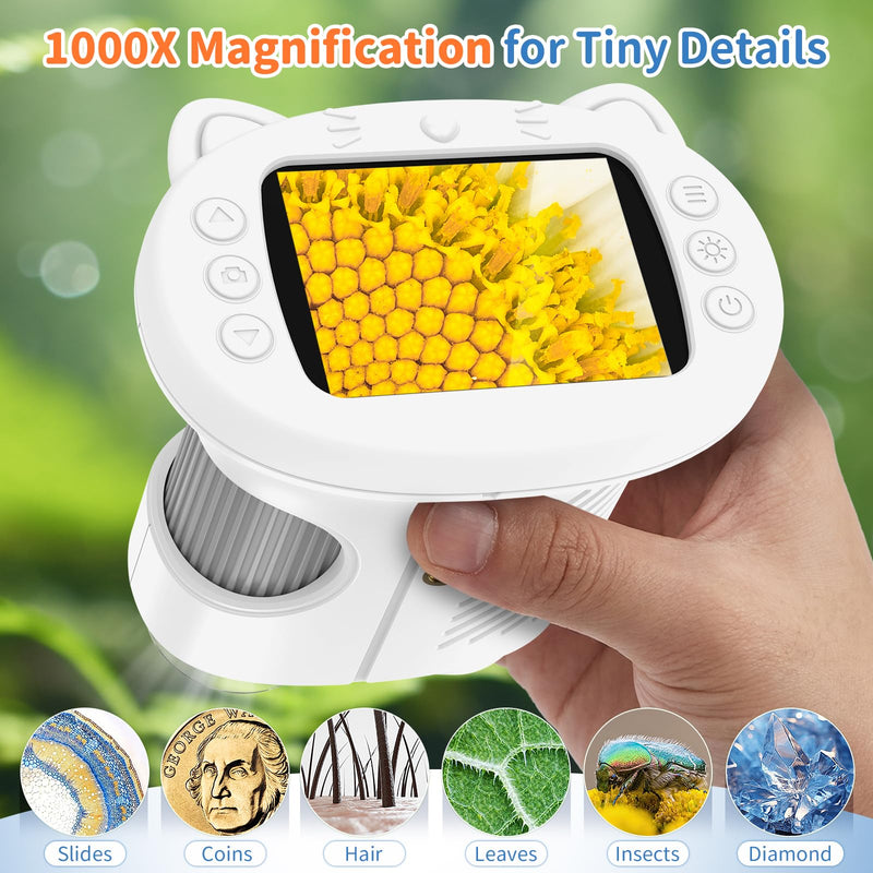 BEBANG Kids Handheld Digital Microscope with 2.4" 4K Screen, Rechargeable Mini Pocket Miniscope Portable Magnifying Glass for Coin Jewelry Edu Science Kit STEM Toy Gift for Boys Girls Age 5-13 (White) White