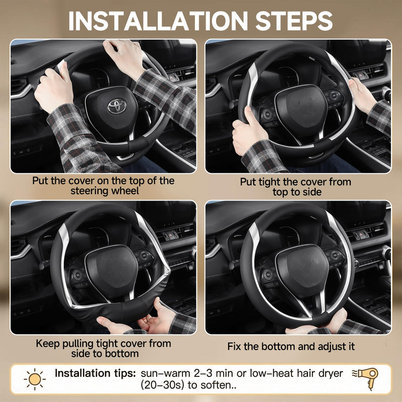 West Llama Microfiber Leather Steering Wheel Cover Customized for Toyota RAV4 2013-2026, Black+Silver 14.5-15 inch