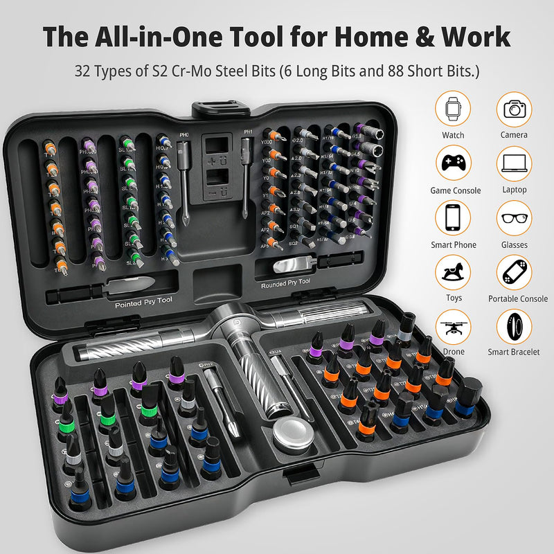 ViviDreamore 100 in1 Magnetic Ratcheting Screwdriver Set, 94 S2 Steel Bits, Storage Case for Computer, Drone, Furniture, Bicycle & DIY, Black