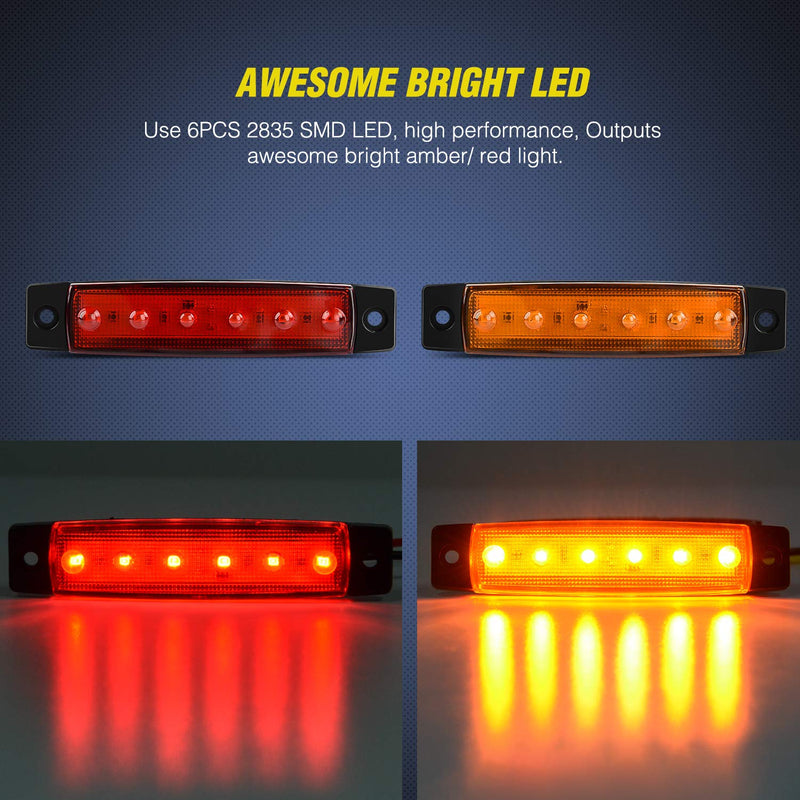 Nilight 10 PCS Amber Red 3.8 Inch 6 LED Side Marker Front Rear Indicator Clearance Lamp for 12V Truck Trailer RV Cab Boat Bus Lorry Amber/Red -Universal