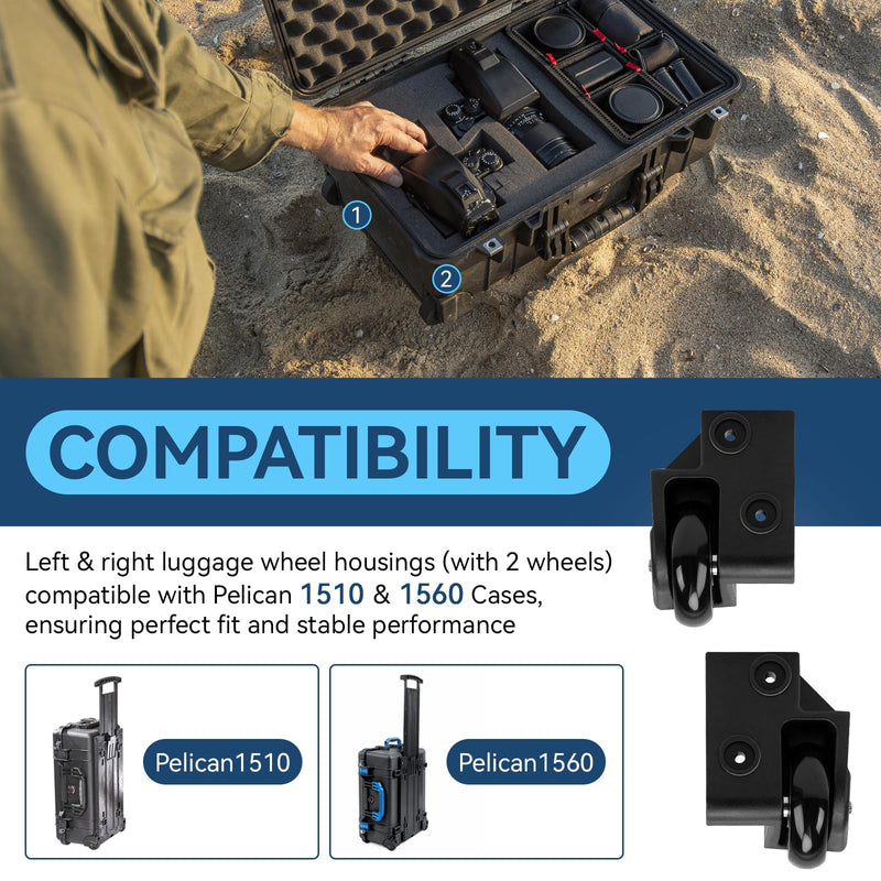 Replacement Wheels for Pelican 1510 1560 Case, Left Right Wheel Housing Kit | Heavy Duty Wheel Kit with 2 Rubber Luggage Wheels, Restores Case Smooth Rolling, Travel Case Parts & Accessories