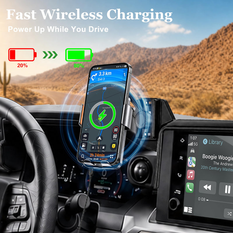 Car Phone Holder for 2024-2026 Toyota Tacoma 4th Gen Accessories, 8-Inch Screen Phone Mount with Up to 15W Fast Wireless Charger, Auto-Clamping Aluminum Holder, 360° Rotation, Keeps Air Vents Clear