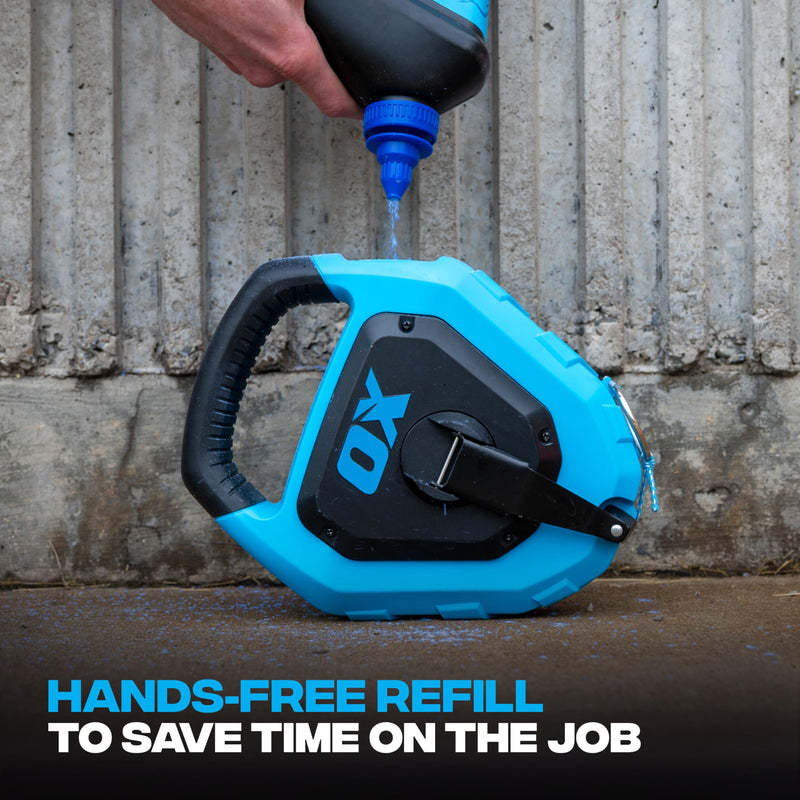 OX Pro Giant Chalk Line 150ft Quick-Wind Cotton Nylon Extra Bold Line Chalk Reel with Rubber Grip - 4:1 Gear Ratio Professional Grade Marking Tool Choclain Choclay Tiralineas 150ft Giant Chalk Reel