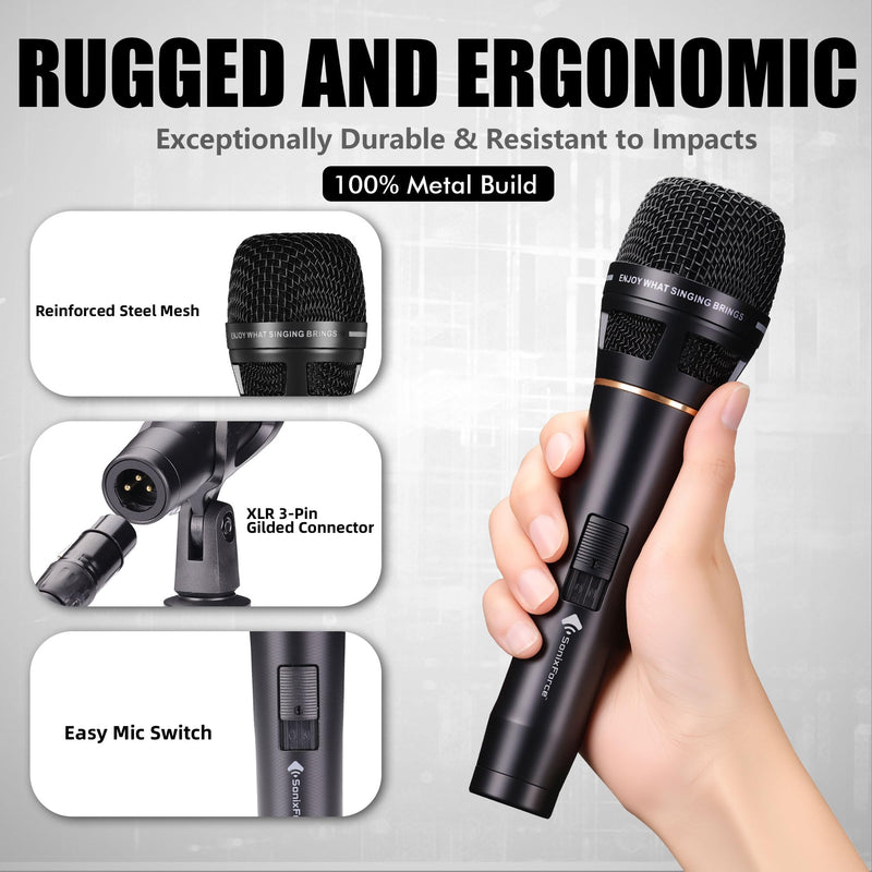Dynamic Microphone - Professional Vocal Microphone for Singing - Handheld Wired Microphone with 16ft XLR to 1/4" Audio Cable - Mic for Speaking, Karaoke & Living Stage Black