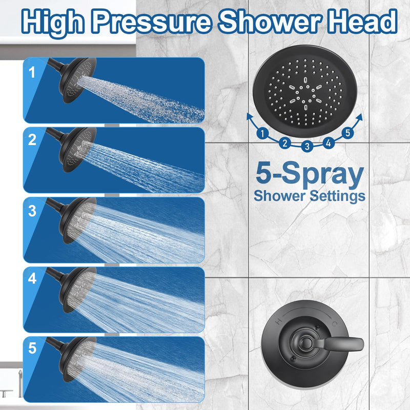 Shower Trim Kit Compatible with Delta 14 Series，Matte Black Shower Faucet Set, 5-Spray Shower Head and Shower Handle, Fits R10000 Series Valves (Cartridge/Valve Not Included) Matte Black Shower Handle&Head