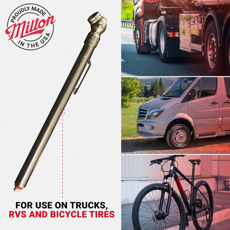 Milton S-925 Pencil Tire Pressure Gauge for Trucks, RV’s & Bicycle Tires, Single Head Chuck with Built-in Deflator Valve, Durable Plated Brass, Pressure Measured in PSI & kPa