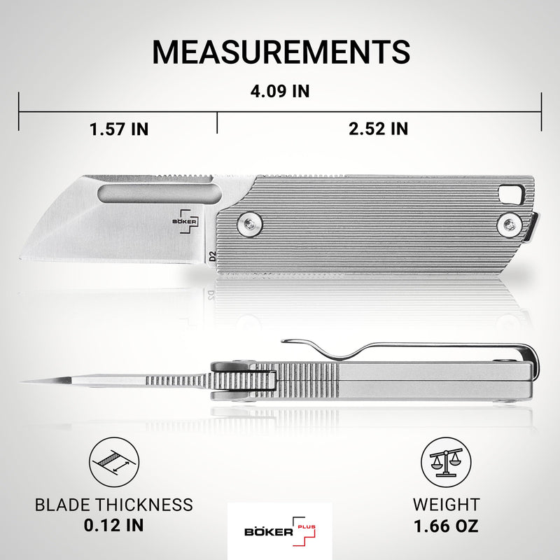 BOKER PLUS BabyX Flipper Steel – Ball-Bearing EDC Mini Pocket Knife with D2 Sheepfoot Blade – Small One-Hand Folding Knife with Stainless Steel Handle and Clip – Pocket Knife in Gift Box
