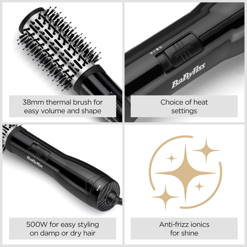 BaByliss Flawless Volume Hot Air Brush - Dry and Style in One, Titanium-Ceramic 38mm Barrel for Smoothness, Ionic Frizz-Control, Black, 2764U Single