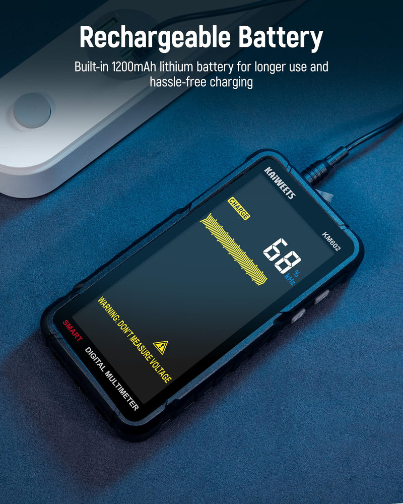 KAIWEETS Smart Multimeter Rechargeable Electrical Tester with Auto Ranging Digital Voltmeter Measures Voltage Current Resistance Continuity Capacitance Temperature Frequency NCV 6000 Counts TRMS Black KM602 Full-Screen Smart Multimeter