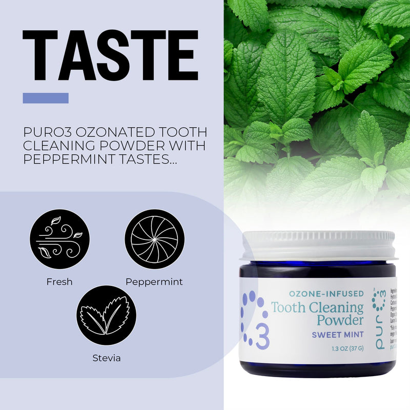 PurO3 Ozonated Toothpaste Powder – Fluoride Free Organic Remineralizing Tooth & Gum Cleaning – Natural Teeth Whitening & Plaque Remover – Ozone Infused Coconut Oil Dental Care with Peppermint, 37g