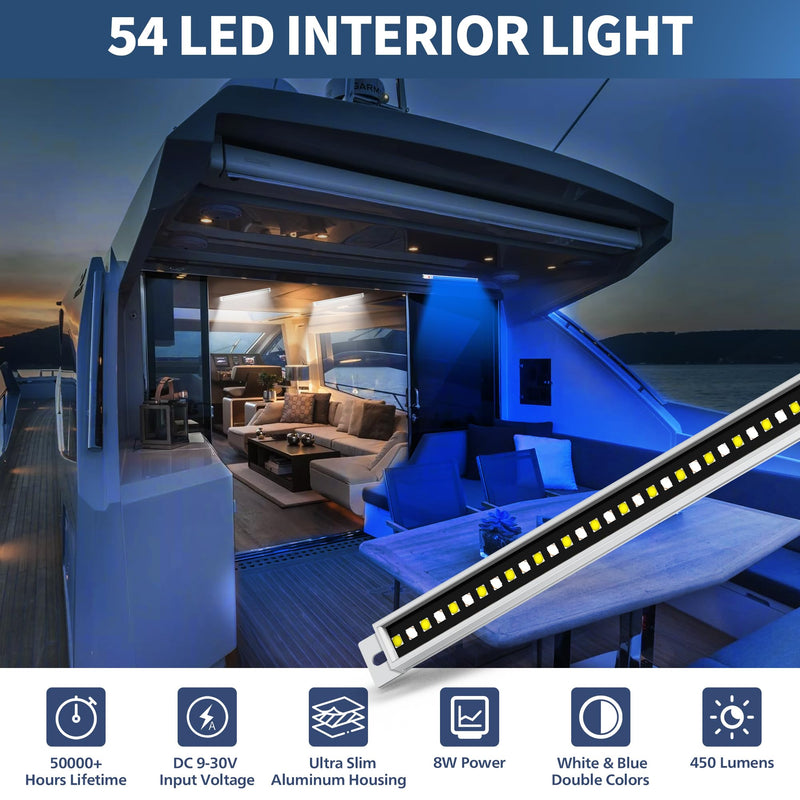 LED Boat Interior Lights 14.5 Inch Aluminum White Blue Dual Color T-Top LED Marine Courtesy Light Strip with Magnet Dimmable lighting for Deck Cockpit Cabin Porch Yacht Sailboat 9-30V