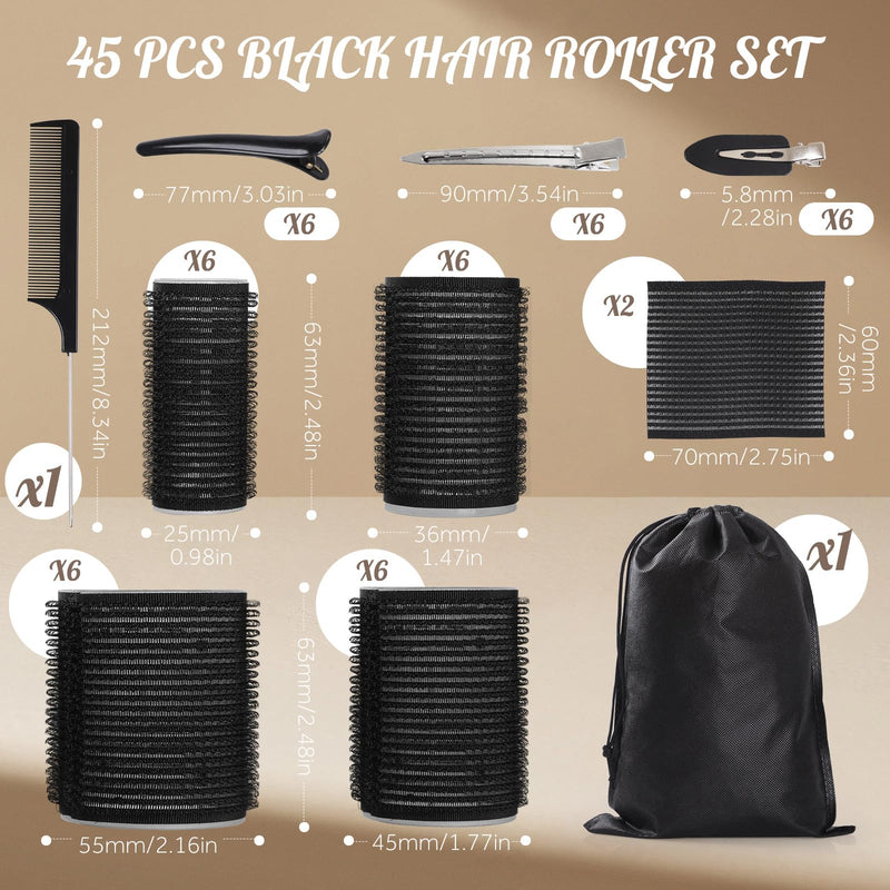 WD&CD 45Pcs Hair Rollers Curlers with 24Pcs Self Grip Hair Rollers 18 Pcs Clips Storage Bag for Long, Medium, Short Hairs Volume, Black
