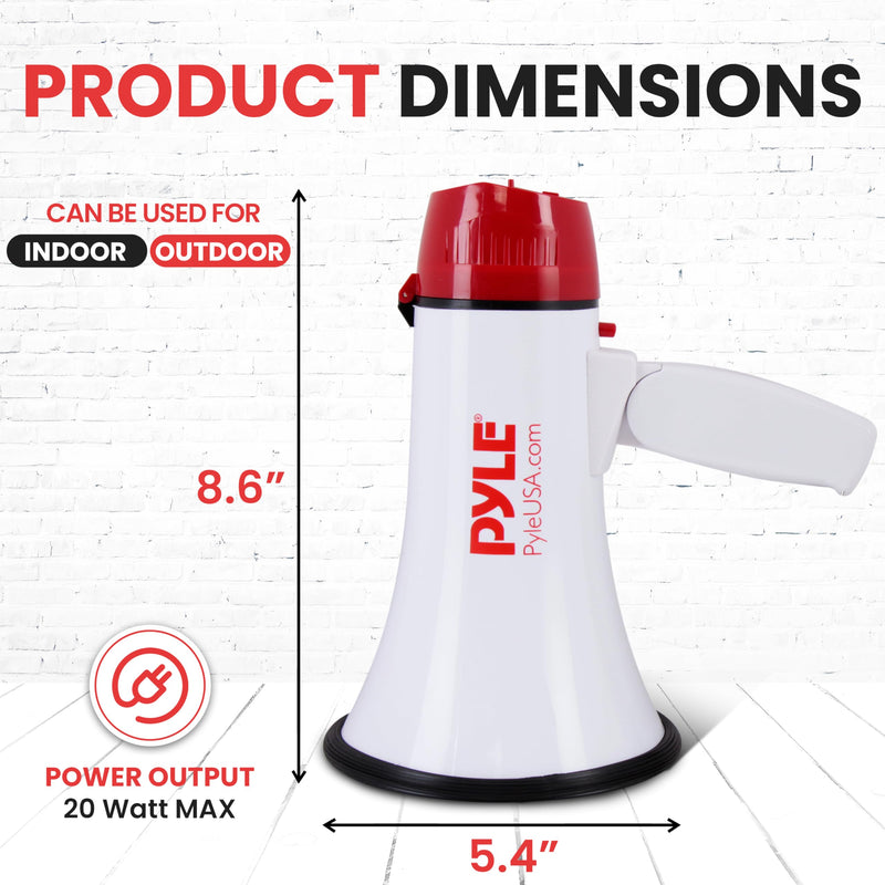  [AUSTRALIA] - Pyle 20W Megaphone Bullhorn - 5.4'' x 8.6'' Portable Megaphone, Projection Range 1000 Sq. Yards, Voice Talking & Siren Alert, Shoulder Strap, Battery Operated, (White) White