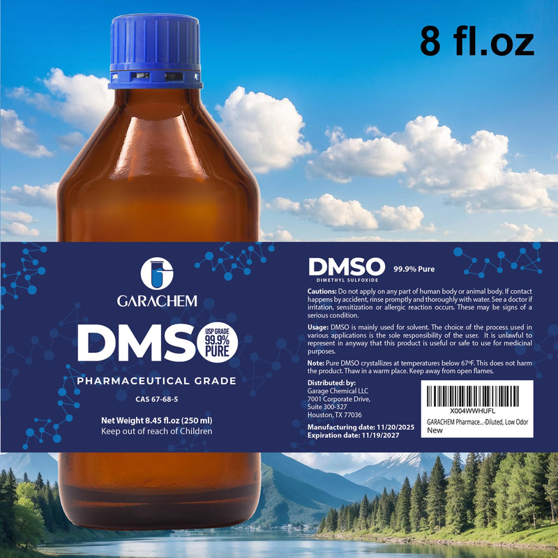 GARACHEM Pharmaceutical Grade 99.9% Pure DMSO in a Glass Bottle, Pure Liquid Dimethyl Sulfoxide 8 OZ, Non-Diluted, Low Odor