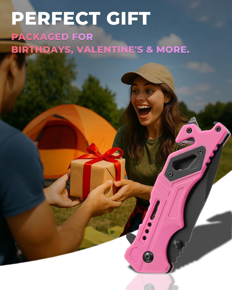 Elegant Pink EDC Pocket Knife for Women, 3 Inch Serrated Blade with G10 Handle and Seatbelt Cutter, Perfect for Hiking, Camping and Everyday Confidence