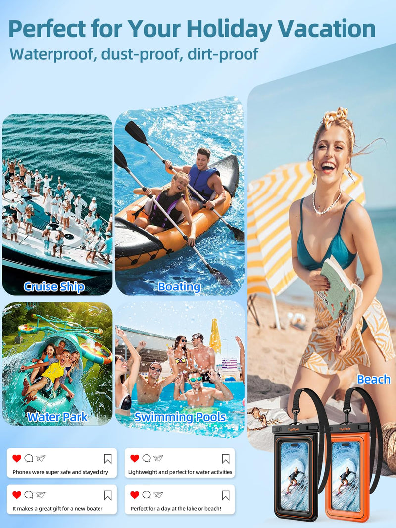 TopMade Floating Waterproof Phone Pouch, 2 Pack IP68 Waterproof Phone Case | Beach/Cruise/Travel Essentials, Detachable Lanyard, Waterproof Pouch for iPhone 17 16 15 Pro Max, S26 Ultra Up to 7", Orange