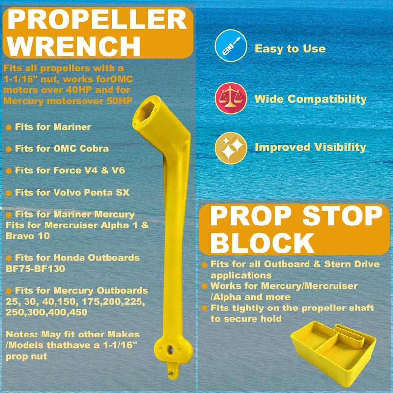 Floating Marine Boat Prop 1-1/16" Polymer Propeller Wrench & Prop Stop Propeller Stop Fit Mercury/Mercruiser/OMC,for All Outboard & Stern Drive Applications,Light-Weight, Rustproof Plastic,Yellow Yellow Kit