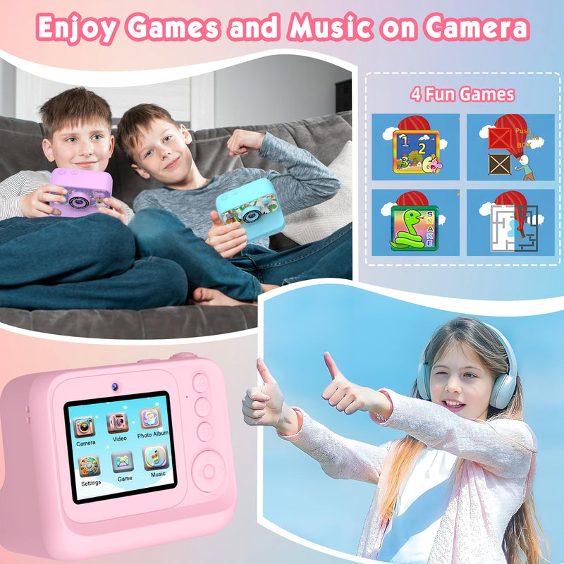 Kids Camera, Upgrade Kids Camera Instant Print, Front Rear Dual Selfie Digital CAM with 1080P Videos, Portable Travel Toy with Games and Music, Christmas Birthday Gift for Boys, Girls and Teens Pink