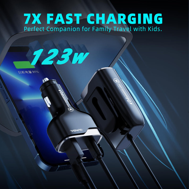 6 Multi Ports USB C Car Charger, 123W Fast Car Charger Adapter, PD 45W Compatible with iPhone16/Galaxy/Samsung S24, Type C Cigarette Lighter USB Charger with 5.7FT Cable for Rear Seat Charging(Black) CC60-Black 123W