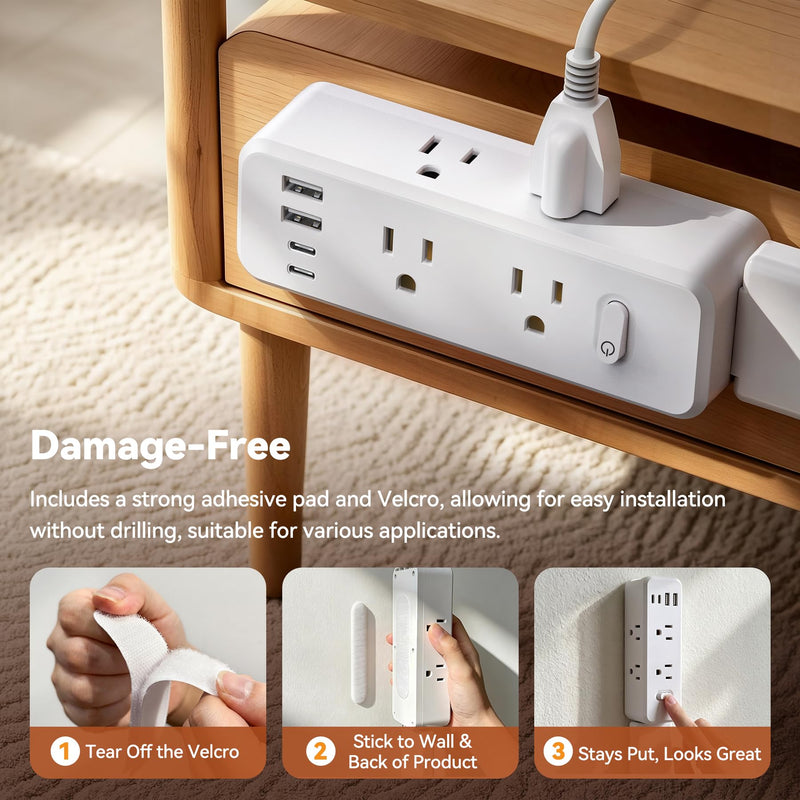 Outlet Extender Stick, 360° Rotating Wall Outlet Expander with 22-35" Extendable Base, 10-in-1 Power Strip Stick with 6 AC Outlets, 4 USB Ports (2 USB-C), Flat Plug for Behind Couch, Home, Office
