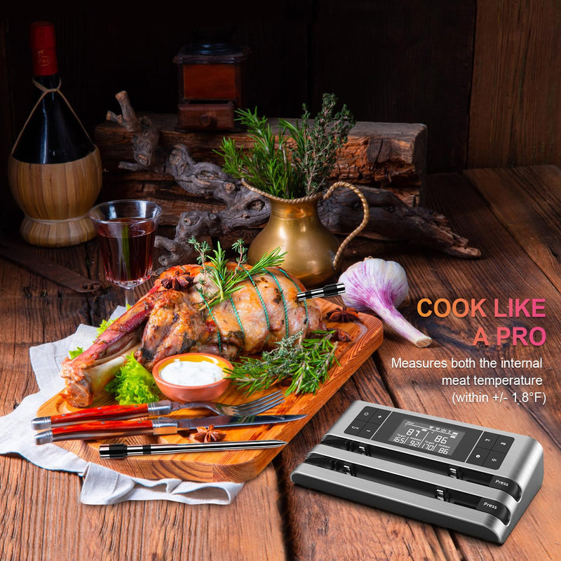 Wireless Smart Meat Thermometer with Dual-Sensor Probe, 500FT Remote Monitoring, Dedicated App, Real-Time Ambient and Food Temperature Tracking for Precise Cooking Control Dual Probe Grey-Dual Probe