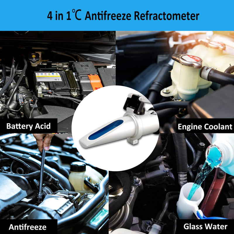 4-in-1 Antifreeze Refractometer for Automobile Antifreeze System Diesel Exhaust Fluid, Battery Acid and Windshield Washer Fluid, Coolant Refractometer Antifreeze Tester