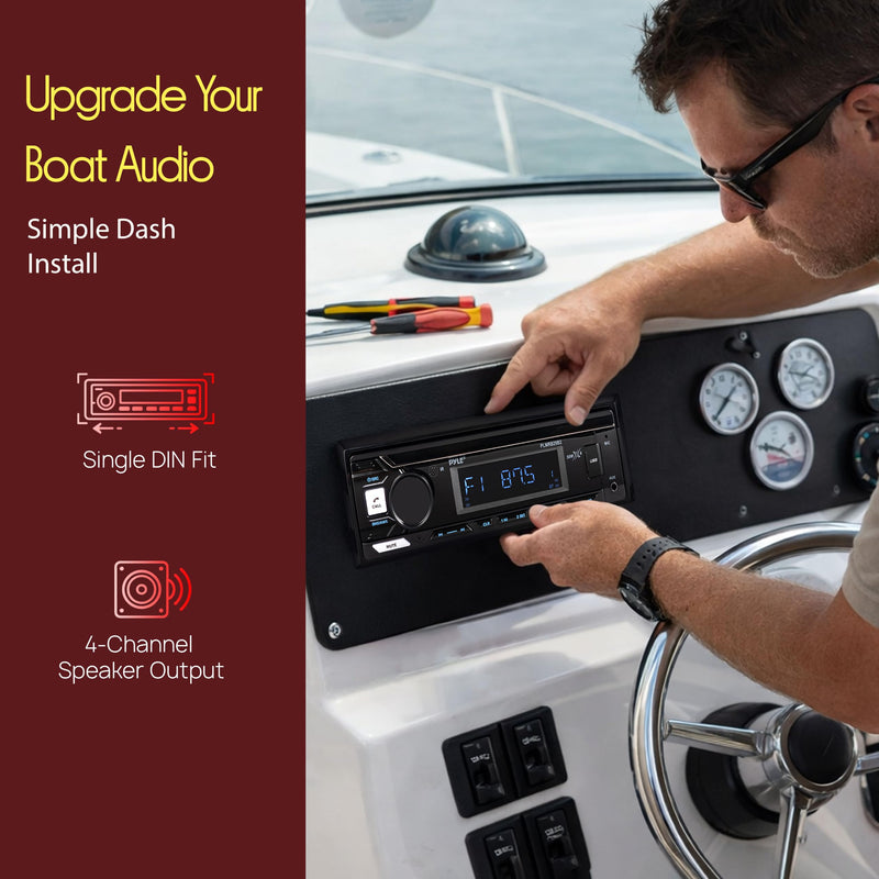 Pyle Marine Radio Stereo Receiver with Bluetooth MP3 Player - Single DIN Boat Audio System, AM/FM Tuner, USB/AUX Input, 30 Preset Stations, Hands-Free Calling, 350 W Power for Marine and Boat Use Charcoal
