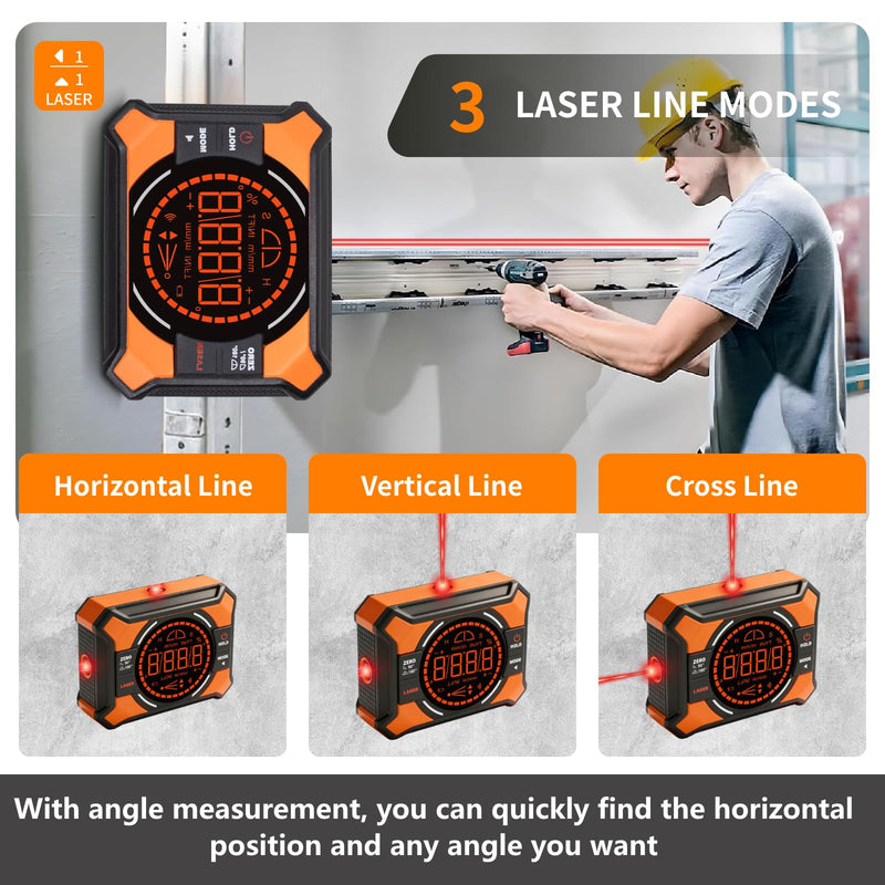 Digital Magnetic Angle Gauge with Laser, (Class 2, 1mW Power Output) 3-in-1 Mini Angle Finder, Rechargeable Digital Level with Backlit LED Display, Inclinometer Protractor for for Woodworking Orange