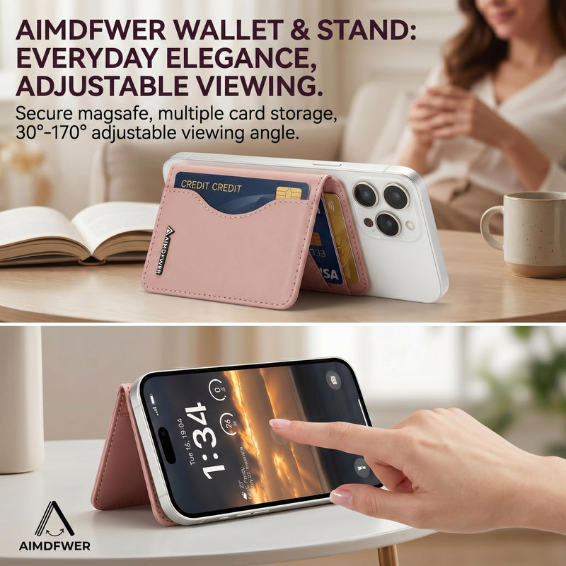 MagSafe Wallet Stand with ID Window, 7 Card Holder with RFID Blocking for MagSafe Phone and Case, Slim Leather Magnetic Wallet for iPhone 17e/17/16/15/14/13/12 Series(Pink) Pink