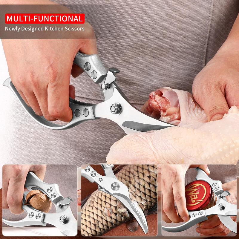 MAD SHARK Heavy Duty Poultry Shears, Kitchen Shears with Non-Slip Handle & Safety Lock, All Purpose Kitchen Scissors for Chicken, Meat Cutting, Turkey, Fish, Vegetables, Spring Loaded, Dishwasher Safe Silver