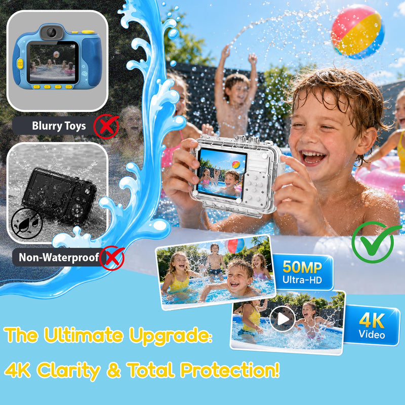 MOMILLA Kids Camera with Waterproof Case, 4K Vlogging Digital Camera | 16X Zoom Autofocus, 50MP Underwater Toddler Camera for Travel, Swimming, Outdoor, Birthday Gifts for 5-16 Year Old Boys Girls White