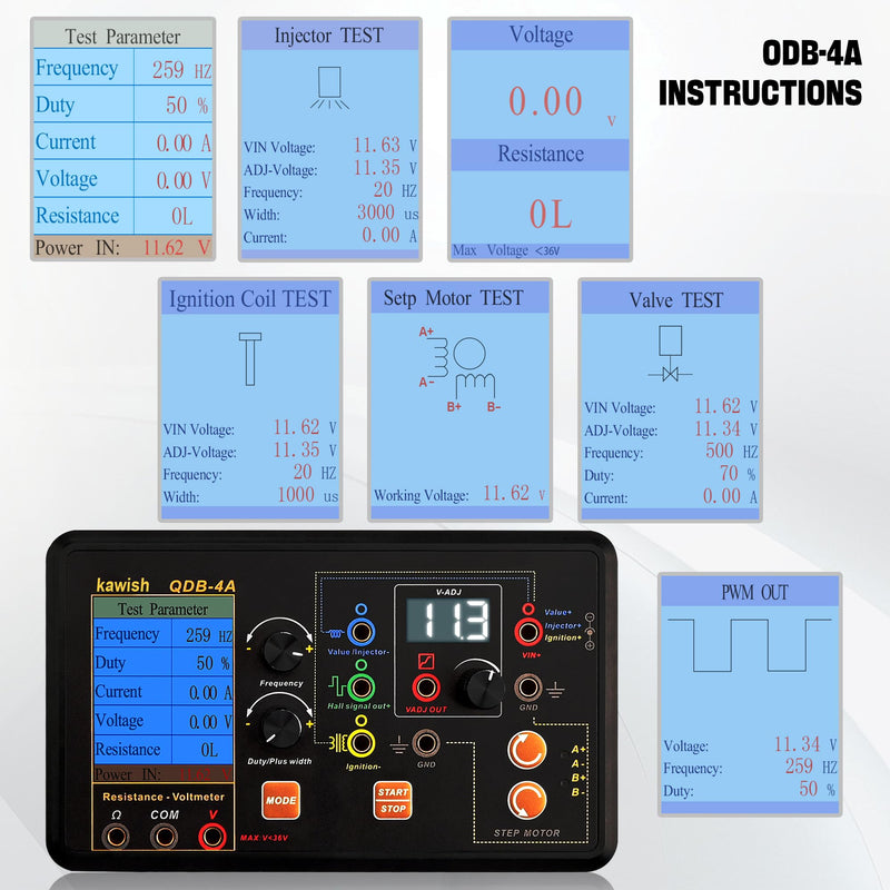 QDB-4A Ignition Coil Tester, Drive Automobile Ignition Coil Tester Injector for Test Solenoid Valves Idling Stepper Motor Instrument Car Fault Detector