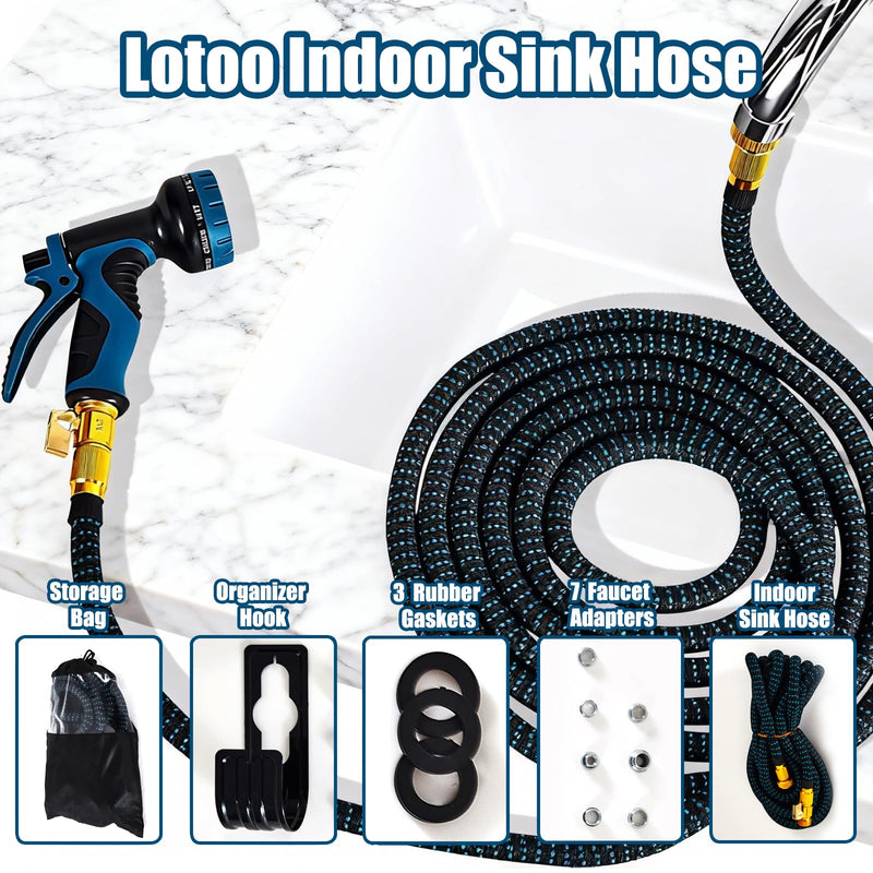 Lotoo Sink Hose Attachment for Faucet with 7 Adapters, 25 FT Indoor Faucet Hose for Kitchen Sink or Bathroom Sink Faucet with 10-Function Nozzle, Watering, Washing Pet, Household Cleaning, Car Washing 25FT
