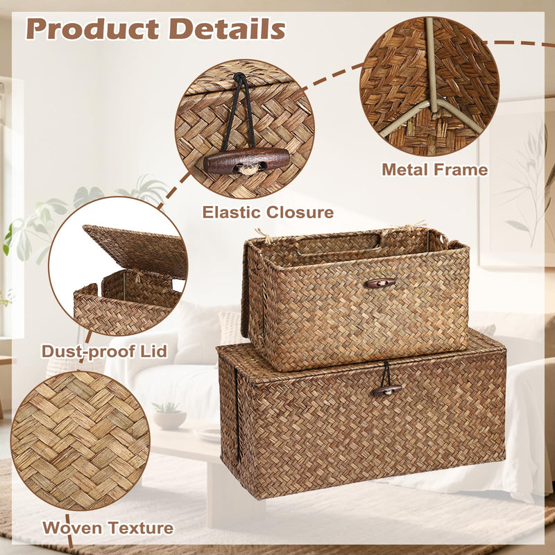 BTSKY Woven Cable Management Box with Lid, Seagrass Cord Organizer with 2 Open Slots for Power Strips & USB Hubs, Under Desk Cord Hider Box for Home Office, Pet Proofing Wire Basket, Large Coffee
