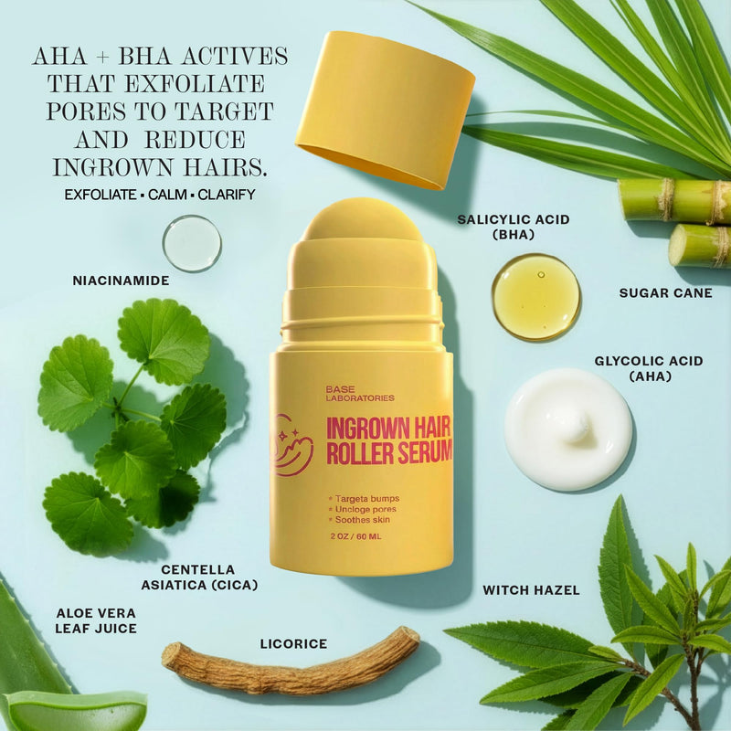  [AUSTRALIA] - Base Laboratories Ingrown Hair Treatment - Roller Serum – Skin Smoothing Roll-On for Ingrown Hairs & Razor Bumps – Salicylic Acid, Glycolic Acid, Niacinamide – Bikini Line, Underarms & Legs (60ml) | 2oz, Ingrown Hair Remover, Razor Bump Treatment, Roll...