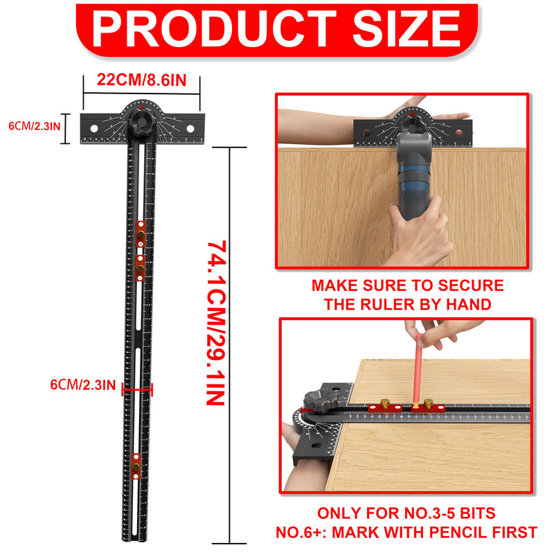 29 Inch Woodworking T Square Ruler, Aluminum Alloy, Adjustable Angle 15-165° Measurement Tool, Precision Drilling Positioning Guide for Carpentry, Drafting, Contractor, Scribe Crafting, Drywall 29.3in black
