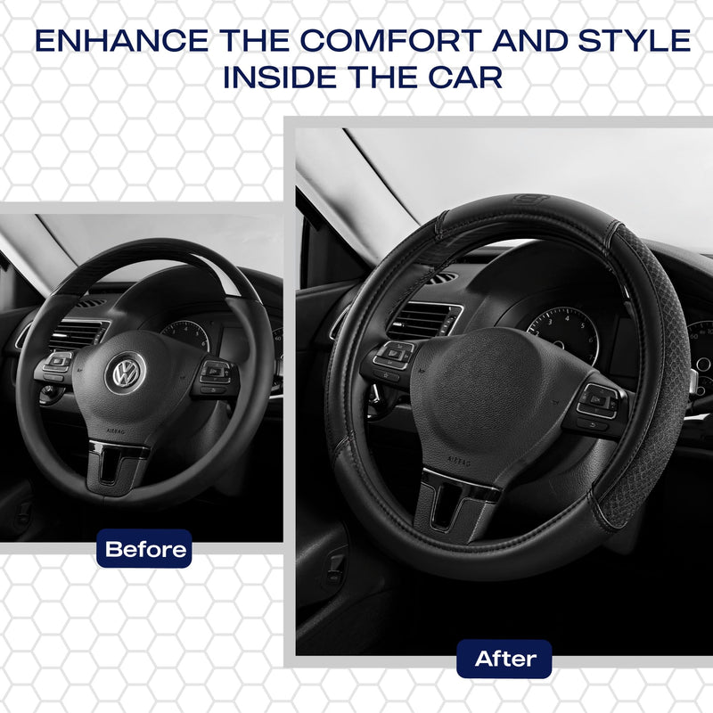 Skechers Air-Cooled Steering Wheel Cover,Leather Car Steering Wheel Cover Universal Fit 14" 1/2-15" Car Wheel Protector for Men Women Fit Suvs,Vans,Sedans,Car,Trucks,Black Black