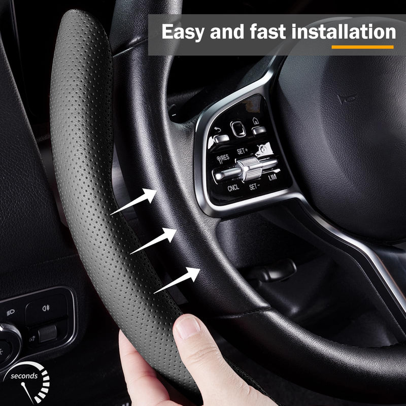 Car Steering Wheel Cover Leather Snap On 3Pcs Set Non-Slip Protector Wrap Steering Wheel Accessories 14.5-15 inch Universal Black Black A