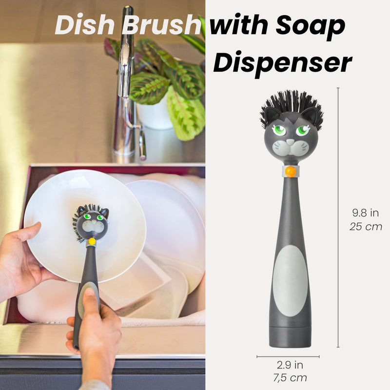 Vigar Felix Cat-Shaped Soap Dispensing Dish Brush, Dish Brush with Soap Dispenser for Pot Scrubber, Dishes, Sink, and Kitchen Essentials, Black, Gray Multicolor