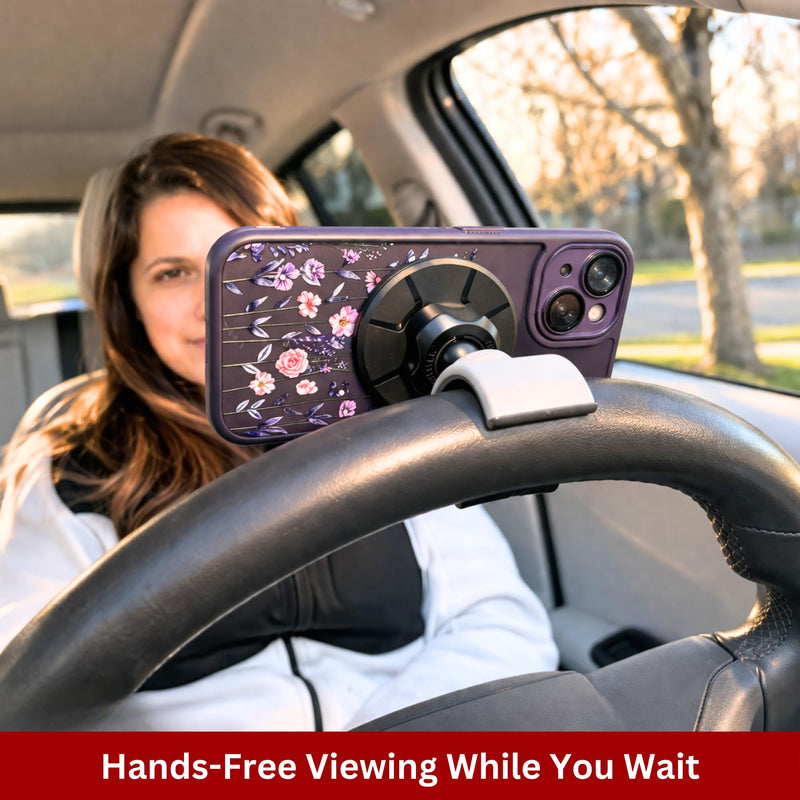 Maxby Steering Wheel Phone Holder with Magnetic Mount for Parked Use | Magnetic mount installs in seconds; 360° rotation enables hands-free viewing for calls, videos and meals while parked.