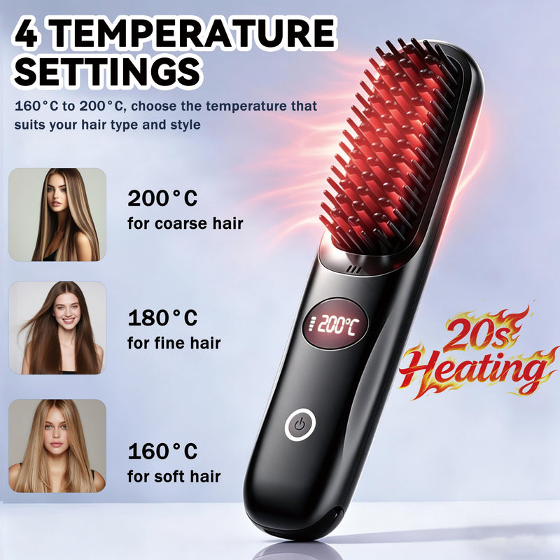 Wireless Straightening Brush, Bwaliffury Portable Brush Smoothing 2 in 1.160 °C - 200 °C, 3 Temperature Settings, LED Display, Brosse Coiffant, Ceramic Coating, for Home and Salon, Hair and Beard
