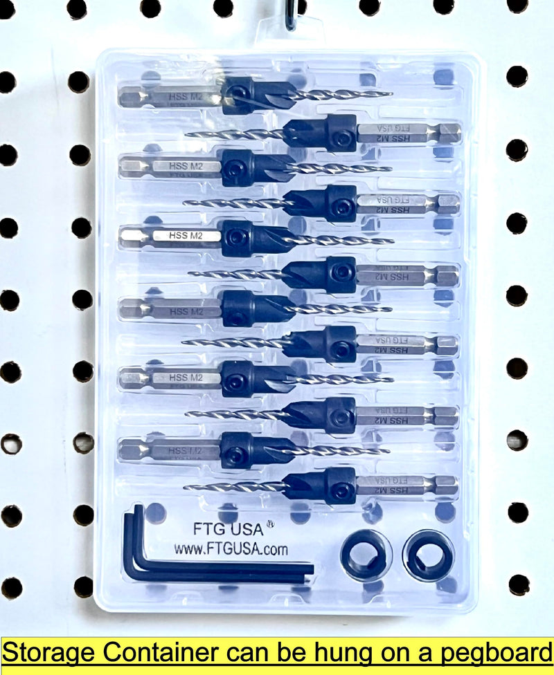 FTG USA 12 Pc #6 (9/64") Adjustable Wood Countersink Drill Bit Set Case | 12pc counter sink drill bit for wood, all same size; parabolic flute, 2 depth stop collar, hex key, storage container 12 Pc Same Size