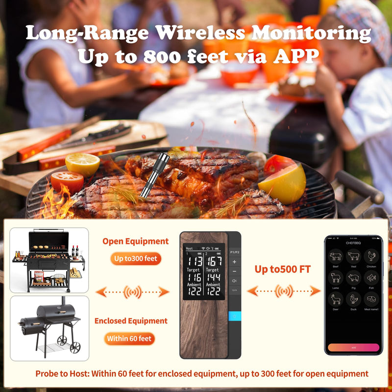 Wireless Meat Thermometer-Multi Sensors Digital Food Thermometer with Ultra-Thin Probes, Accuracy Smart Bluetooth Meat Thermometer for Steak, BBQ, Oven, Grill, Smoker,Recipes in App & Host 2 Probes - Wireless Monitoring (Ultra-Thin)