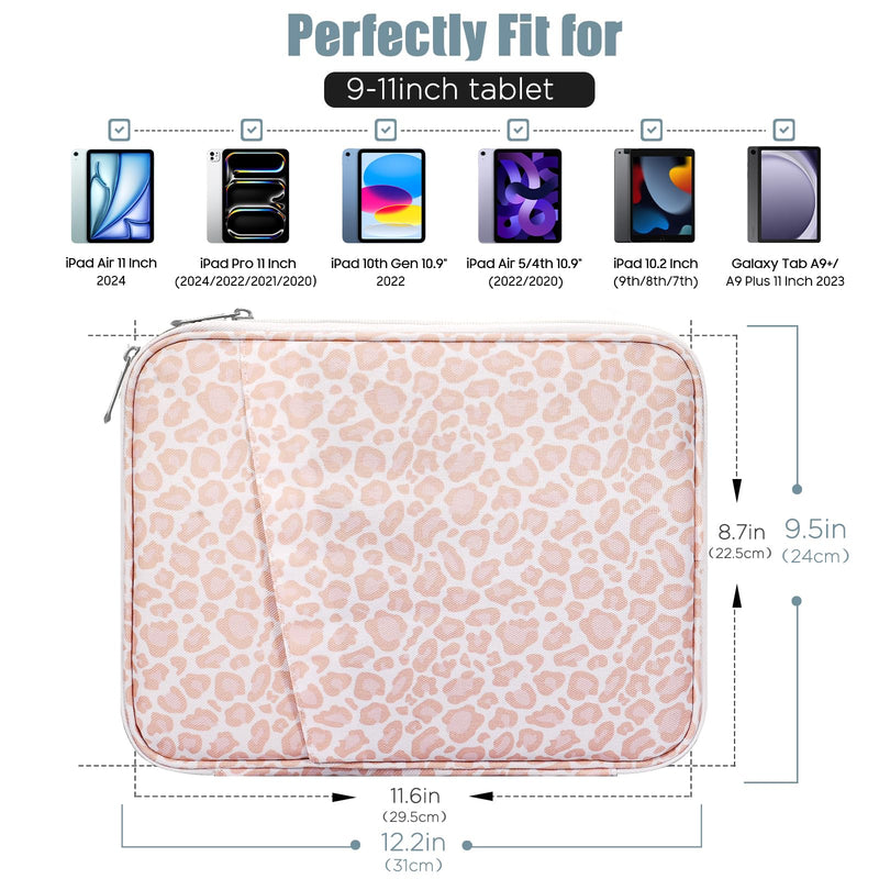 TiMOVO 9-11" Tablet Sleeve for iPad Air 11 Inch 2024,iPad Pro 11 Inch 2024,iPad 10.2 2021-2019, iPad 10th 2022,iPad Air 5/4 10.9,Galaxy Tab S9/S8/A8/A7,Protective Bag with Pocket, Pink Leopard 9-11 Inch