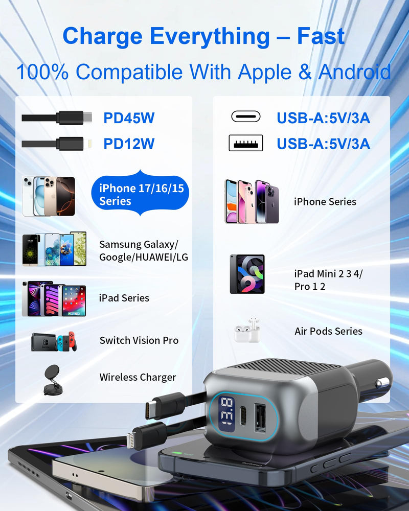 87W Retractable Car Charger, Cigarette Lighter USB Charger for iPhone 17 | 4-in-1 Car Phone Charger USB C Fast Charge Adapter for iPhone 17 16 15 14 13 12, Sumsung Travel Essentials Car Accessories USB C Cable / Lightning Cable