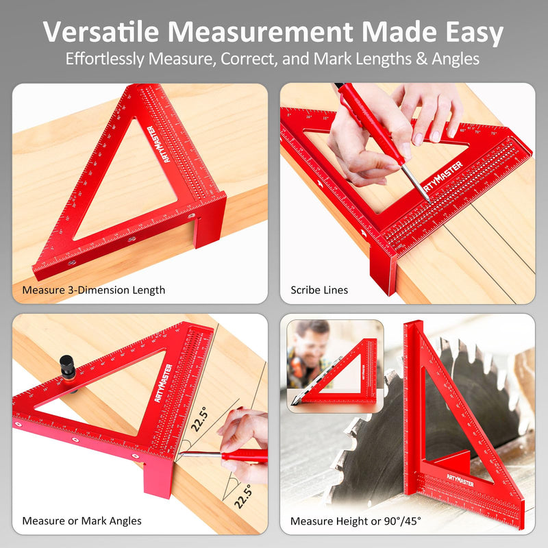 8 inch 3D Multi-Angle Measuring Square Ruler, WT103C High Precision Hole Scribing Woodworking Tools, 0-90° Aluminum Alloy Carpenter Square with Stair Gauges, Carpenter Pencils 6 Refills. 8 inch Square+Pencil+Stair Gauge Imperial