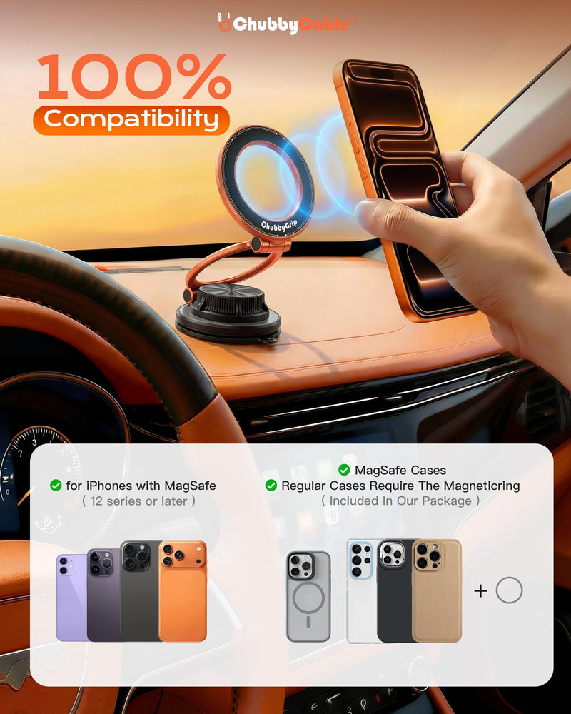 chubbycable Magnetic Car Phone Holder 360° Rotation with Vacuum Base | Foldable design with ultra-strong magnetic hold, vacuum suction base, compatible with MagSafe iPhone 12-17 series and Android Vacuum Base-Orange 1 Pack