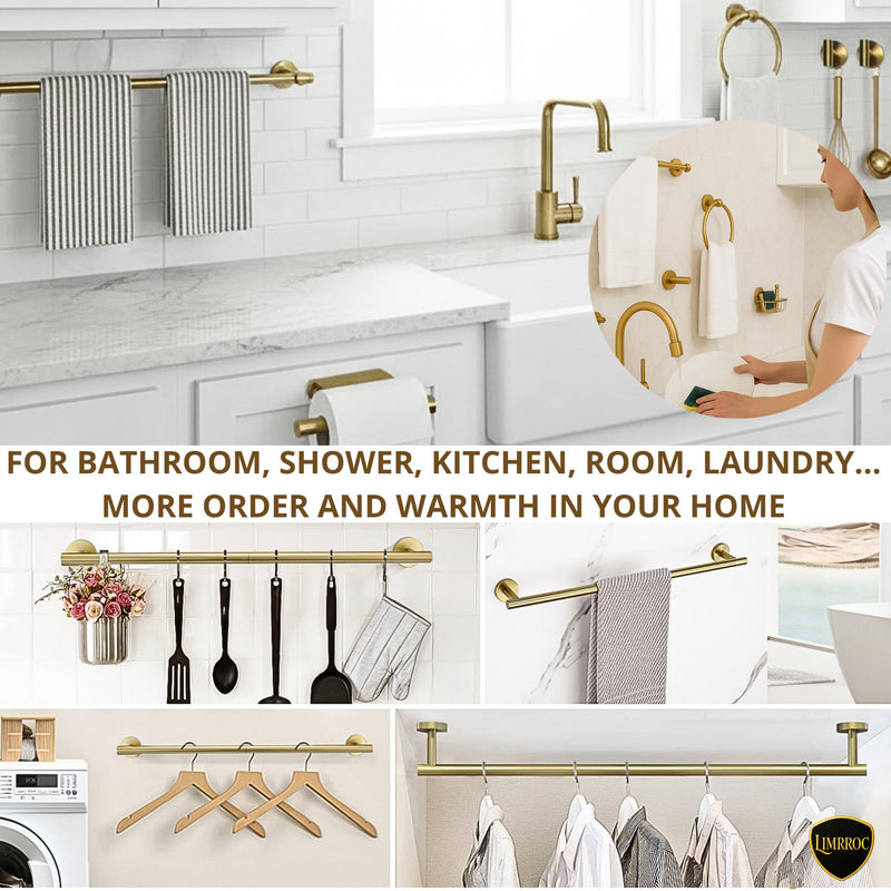 Brushed Gold Bathroom Hardware Set, 6 Piece Gold Bathroom Accessories Set, 24 Inch Towel Bar, SUS304 Stainless Steel, Towel Ring, Hooks, Toilet Paper Holder, Gold Towel Rack